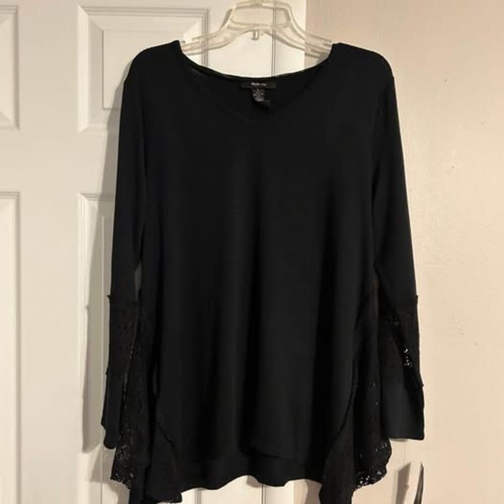 Style & Co Women’s Large Black Crochet Lace Tunic Top V Neck Long Sleeve NWT